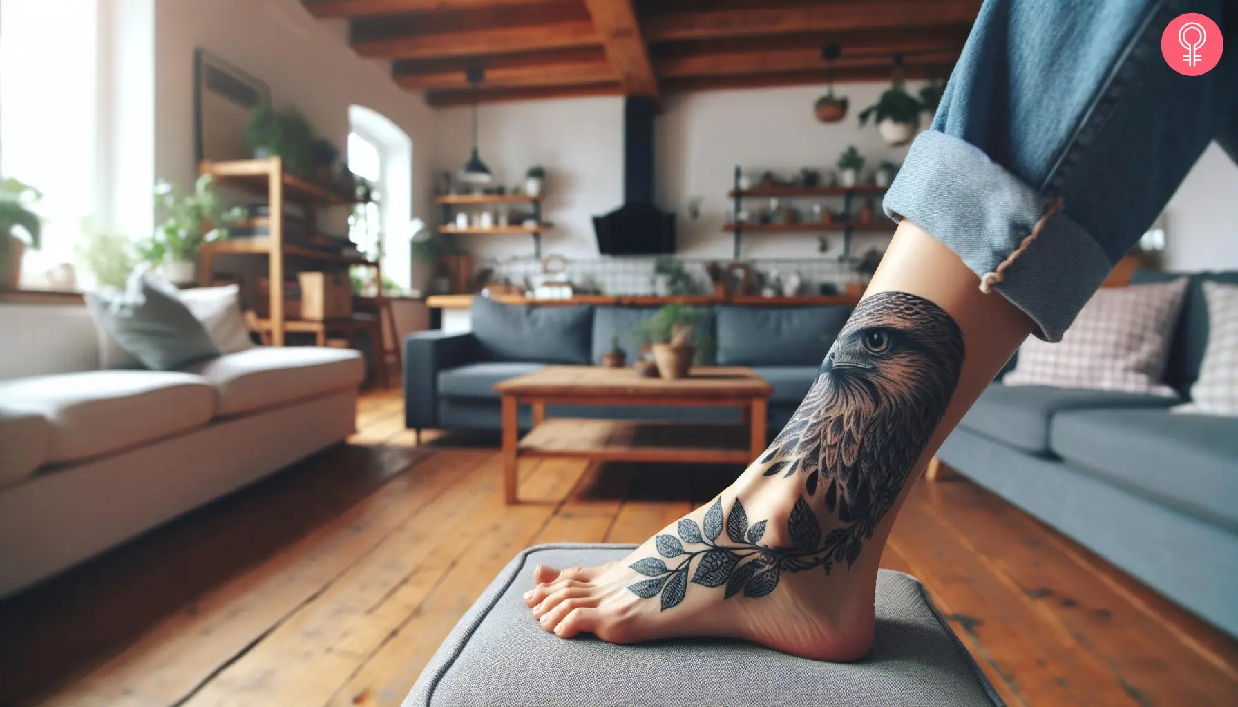 O femeie cu un tatuaj de șoim alfa pe gleznă