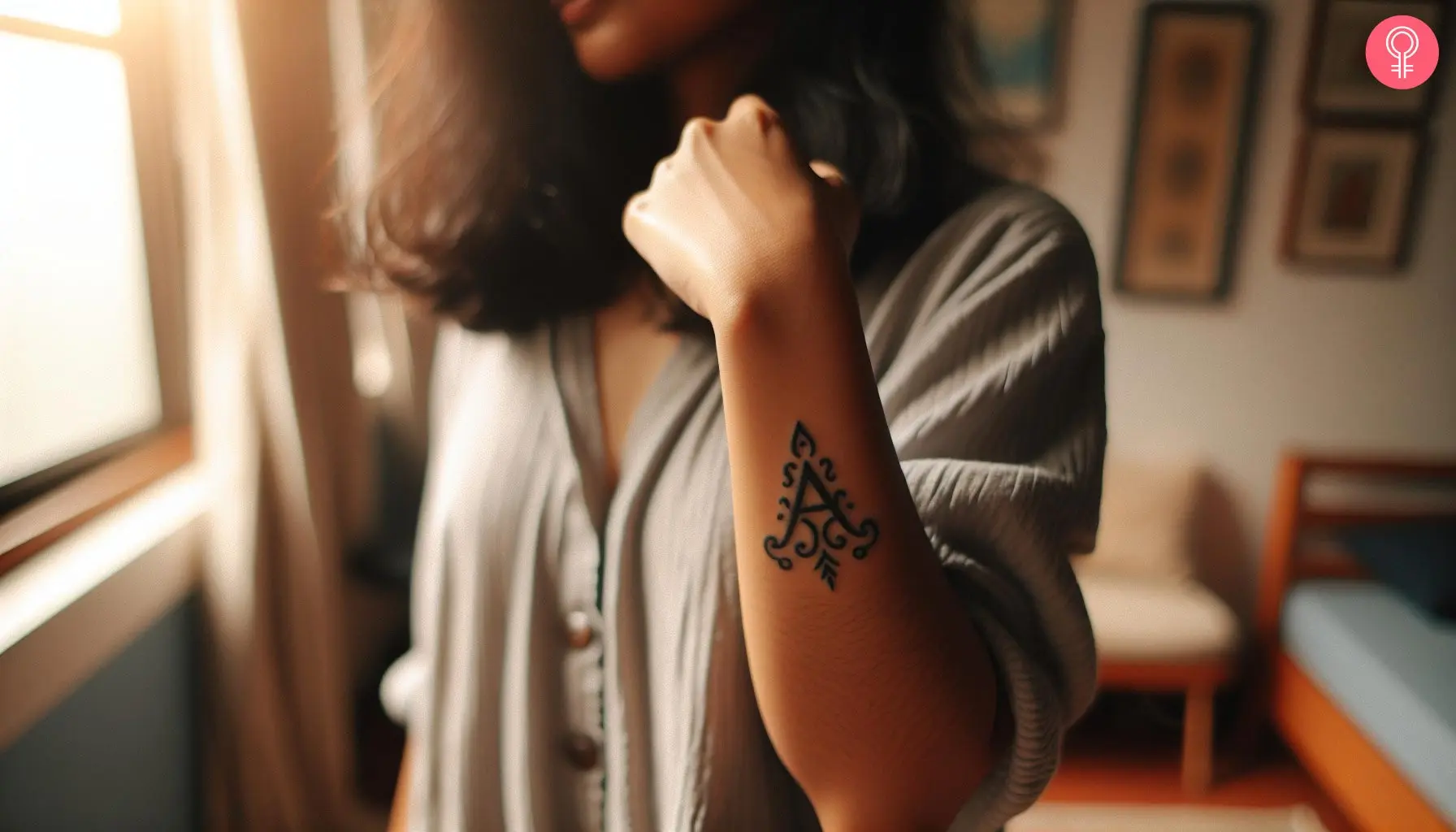 O femeie cu un tatuaj alfa feminin pe braț