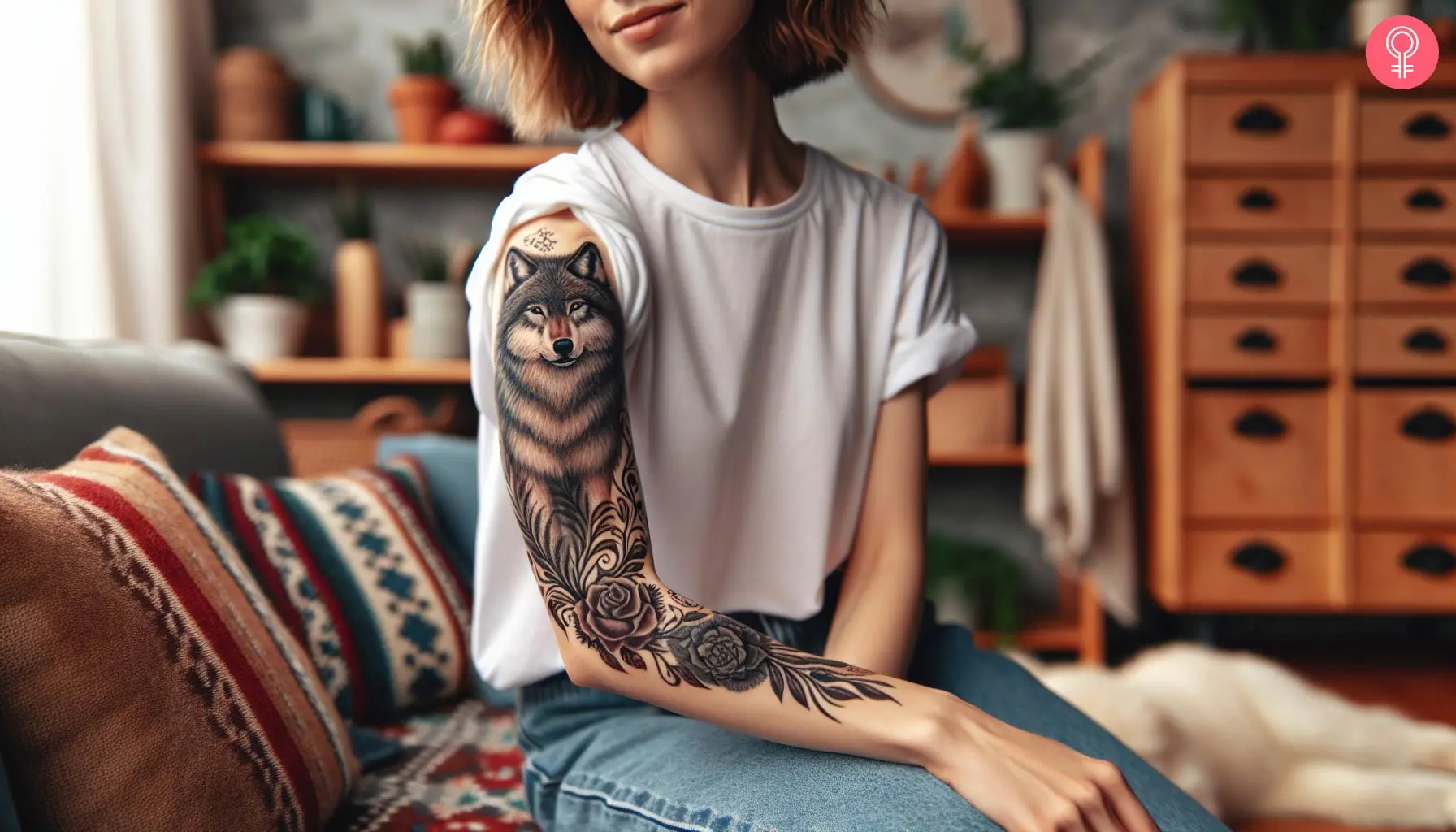 O femeie cu un tatuaj de lup alfa pe biceps